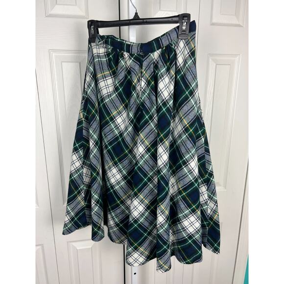 Vintage 50s Wool Blend Plaid A-line Skirt Blue Green White Pockets XXS 00 Preppy - Picture 5 of 5